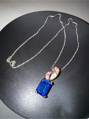 925 Silver Blue Emerald Cut Pendant Necklace Pink Opal Inlay Statement